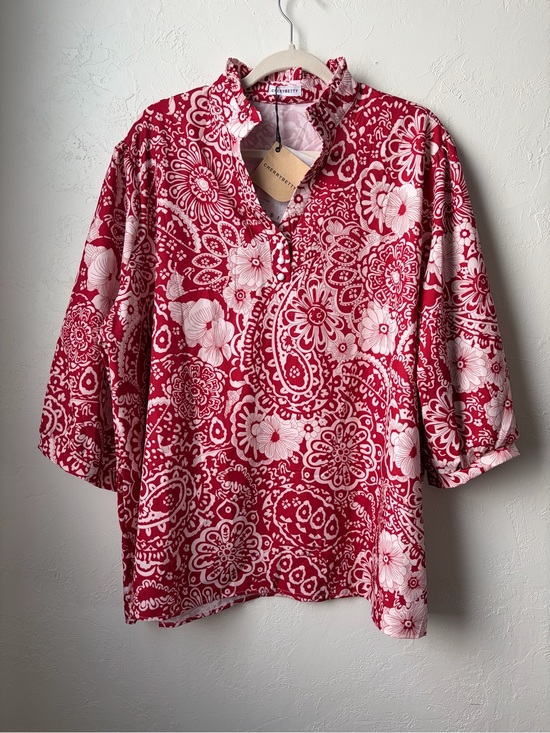 Cherrybetty Tops - Cherrybetty Red Pink Floral Paisley Ruffle Blouse Tunic 3XL